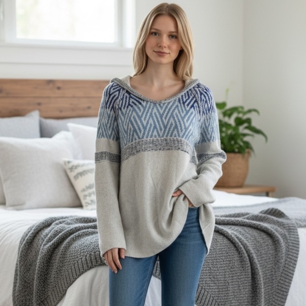 Free People Wool Blend Hooded Geometric Sweater